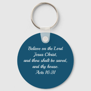 Christian Bible Verse Acts 16:31 Blue Nyckelring