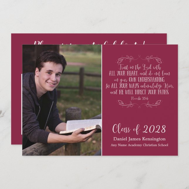 Christian Bible Verse Burgundy Studenten Photo Inbjudningar (Fram/baksida)