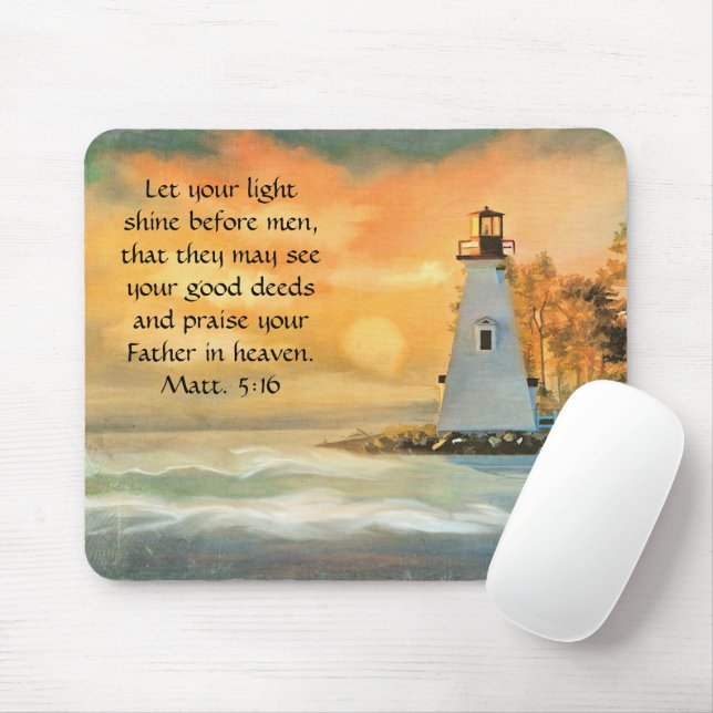 Christian Bible Verse Lighthouse Sunset Painting Musmatta (Med mus)