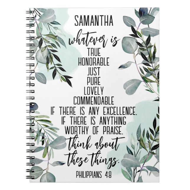 Christian Bible Verse Philippians 4 8 Eucalyptus Anteckningsbok (Framsidan)