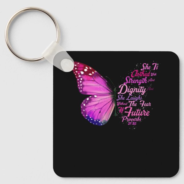 Christian Bible Verse Proverbs 31 25 Butterfly Hon Nyckelring (Framsida)