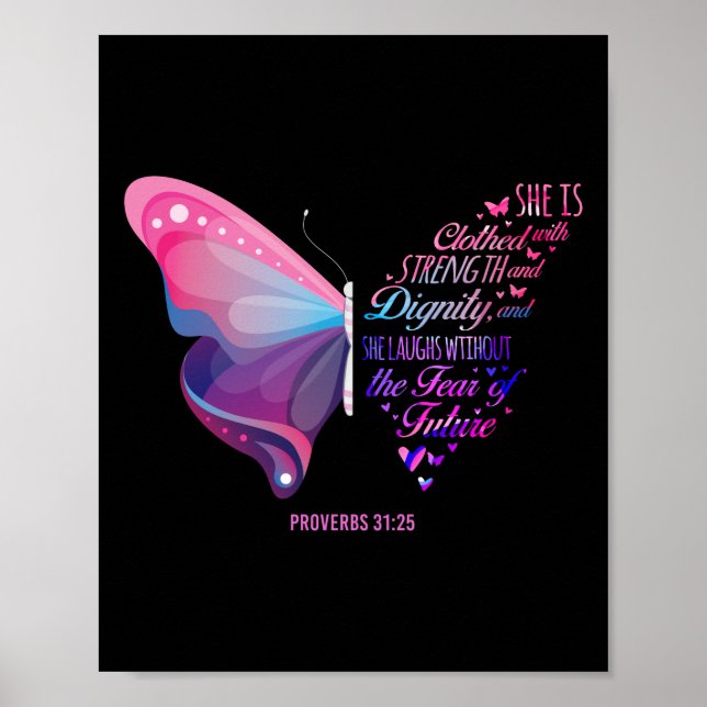 Christian Bible Verse Proverbs 31:25 Butterfly Poster (Framsidan)
