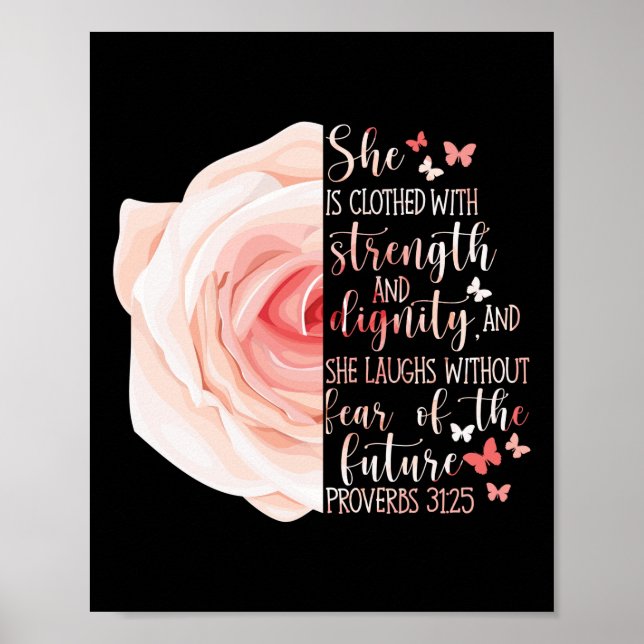 Christian Bible Verse Proverbs 31:25 Ro Flower Poster (Framsidan)