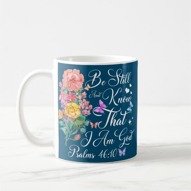 Christian Bible Verse Psalm 4610 Flower Butterfly Kaffemugg (Vänster)