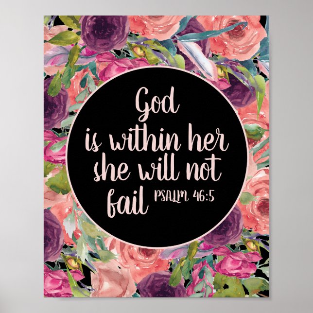 Christian Bible Verse Rosa Lila  Blommigt Black Poster (Framsidan)