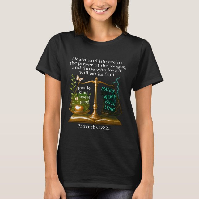 Christian Bible Verse T-Shirt - Proverbs 18:21 (Framsida)