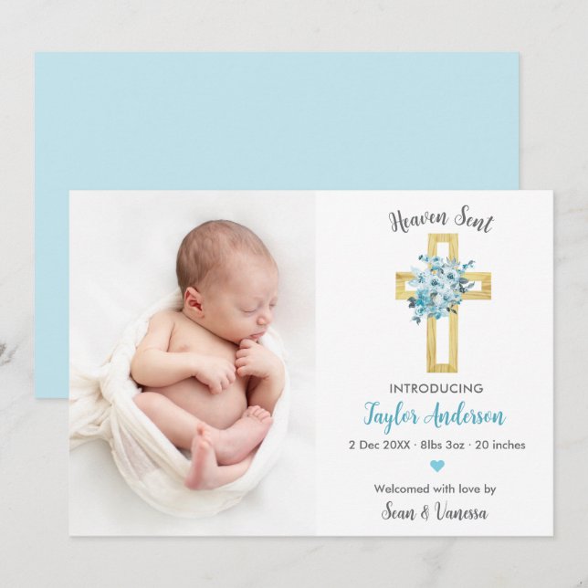 Christian Birth Announcement Photo Card Blue Kor Meddelande (Fram/baksida)