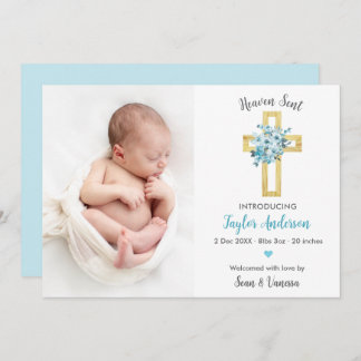 Christian Birth Announcement Photo Card Blue Kor Meddelande