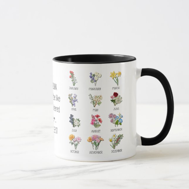 Christian BIRTH MONTH FLOWER Blommigt Bible Verse Mugg (Höger)