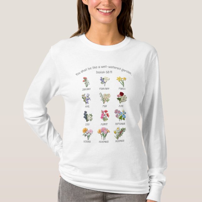 Christian BIRTH MONTH FLOWERS Jan to Dec T Shirt (Framsida)