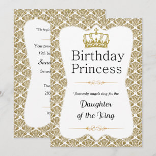 Christian Birthday Princess White och Guld Damask Inbjudningar