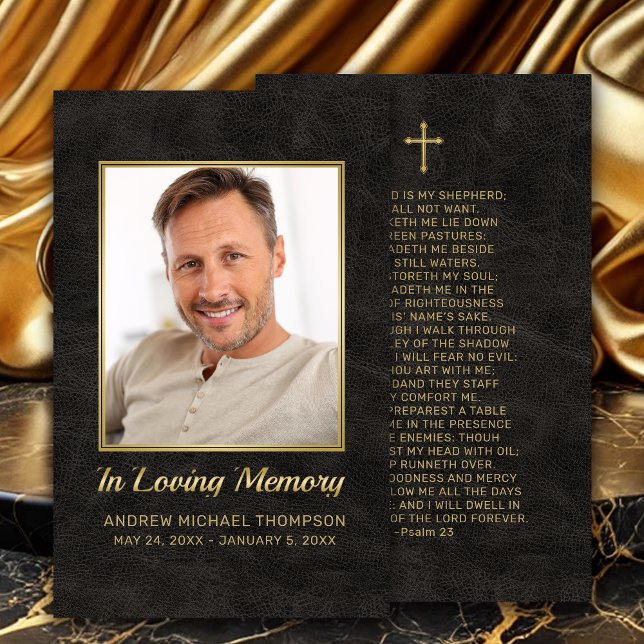 Christian Black Guld, fotopaterkort för begravning Visitkort (In Loving Memory Black Faux Leather Photo Funeral Card with Gold Cross.)