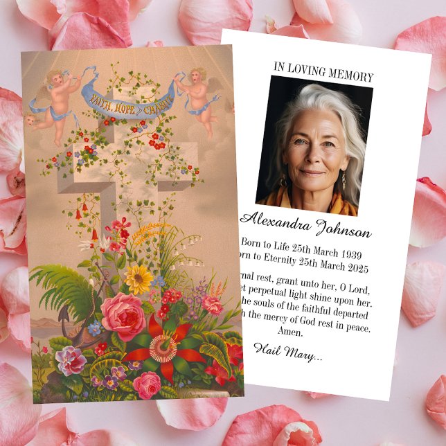 Christian Blommigt Kor Photo Loss Funeral Sympathy Visitkort (Religious Christian Catholic Floral Cross Hope Photo Loss Memorial Funeral Sympathy  Prayer Card)