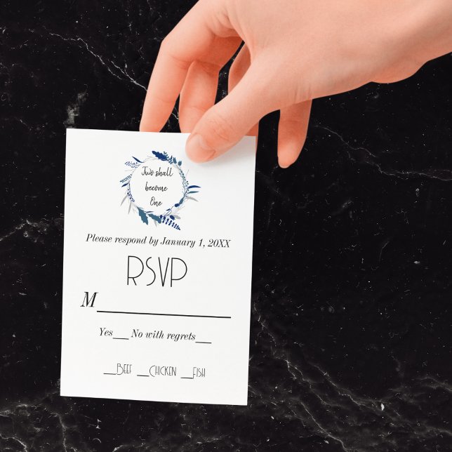 Christian Blommigt två blir en Bröllop OSA Kort (Floral Wreath Blue Two Become One Wedding RSVP Card)