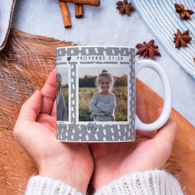 Christian Blsed Mamma Photo Collage Namn Keepsaké Kaffemugg (A Christian keepsake mug with Proverbs 31:28 and space for 3 photos.)