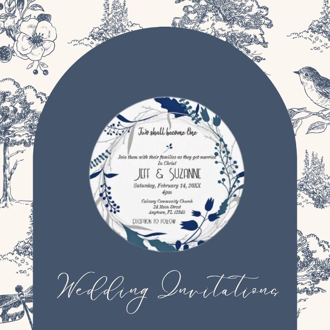 Christian Blue-Blommigt WAN Two blir en Inbjudningar (Christian Blue Floral Wreath Two Become One Wedding Invitations)