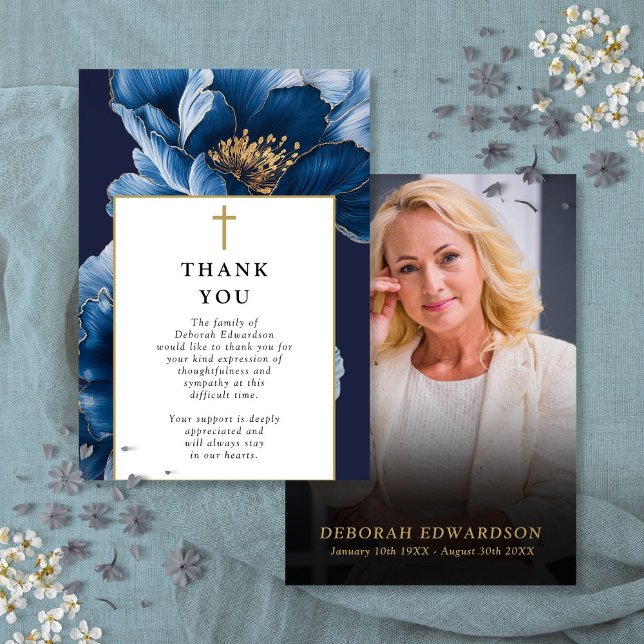 Christian Blue Firande i livets begravningsfoto Tack Kort (Christian Blue Celebration Of Life Funeral Photo Thank You Card)