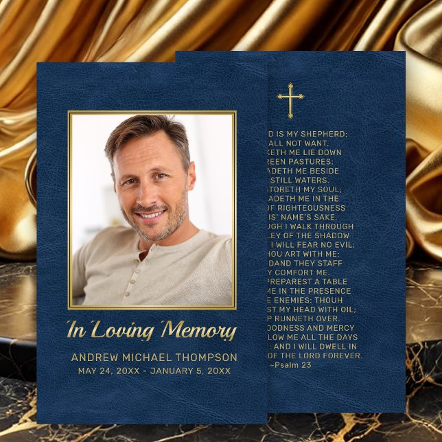 Christian Blue Guld-fotopatens begravningskort Visitkort (In Loving Memory Blue Faux Leather Photo Funeral Prayer Card with gold cross.)