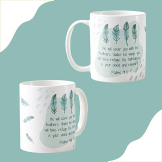 Christian Boho Feathers Psalm 91:4 Blue Grönt Kaffemugg