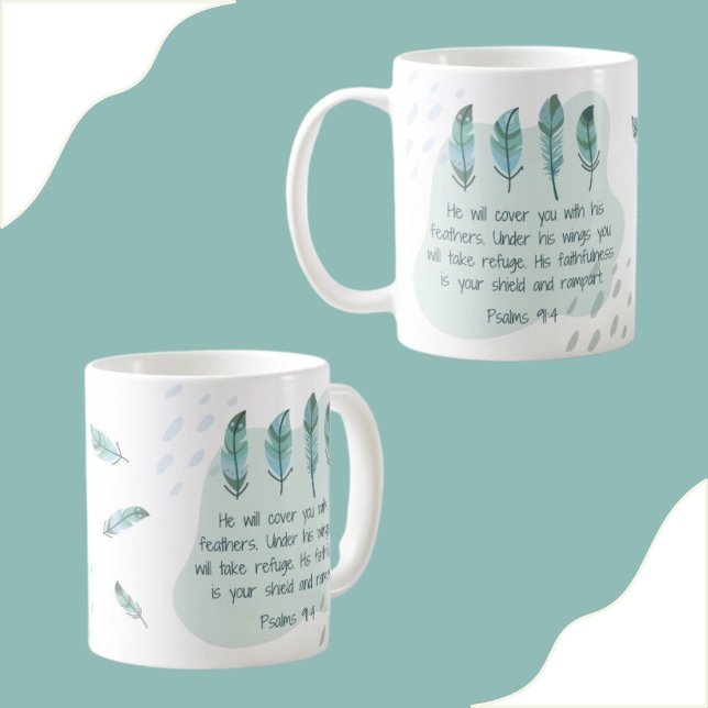 Christian Boho Feathers Psalm 91:4 Blue Grönt Kaffemugg (Skapare uppladdad)