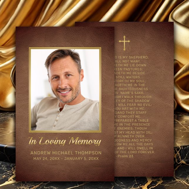 Christian Brown Guld, fotopatsterkort Visitkort (In Loving Memory Brown Faux Leather Photo Funeral Card with gold cross.)