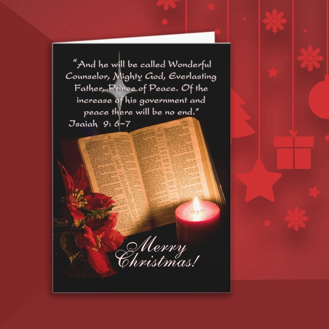 Christian Candlelight Jul Helgkort (Beautiful Christmas card with a Bible, poinsettia and candle with Scripture verse.)