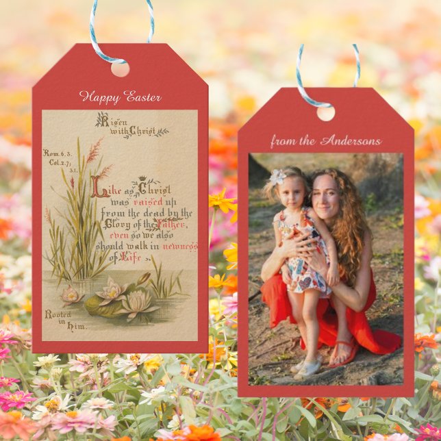 Christian Catholique Bible Verse Photo Påsk Presentetikett (Religious Christian Catholic Bible Verse Resurrection of Jesus Christ Family Photo Easter Gift Tags)