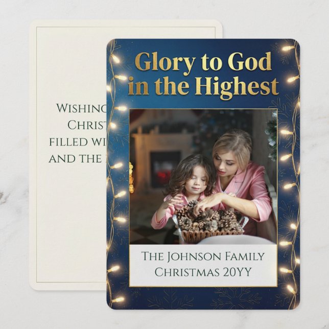Christian Christmas Glory to God One Photo Gold Julkort (Fram/baksida)