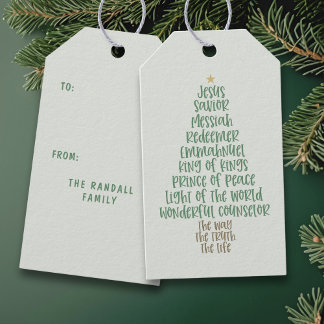 Christian Christmas Tree Names of Jesus Typography Presentetikett