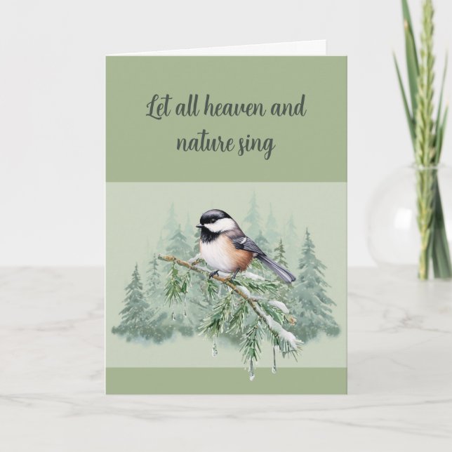 Christian Christmas Winter Spruce Tree Chickadee Helgkort (Framsida)