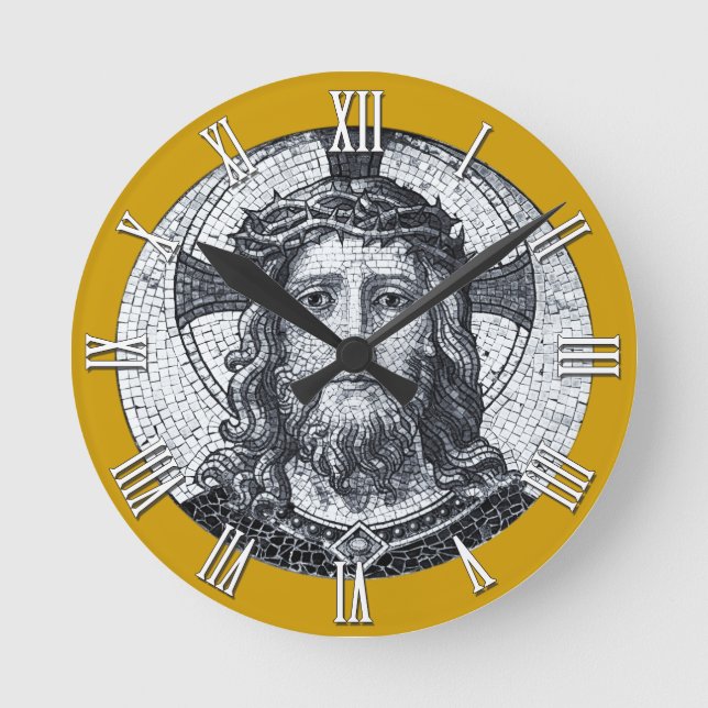 Christian Clock, Jesus Kristus Vintage Mosaic Rund Klocka (Framsida)