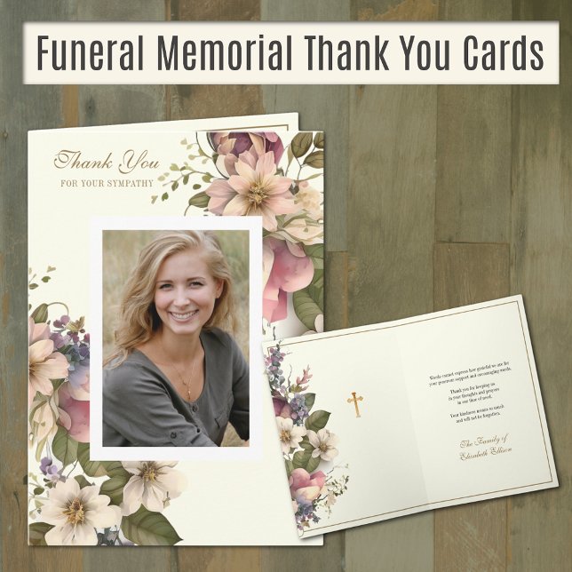 Christian Condolence Blommigt Photo Apprecition Tack Kort (Christian Floral Funeral Memorial Thank you Appreciation Cards)