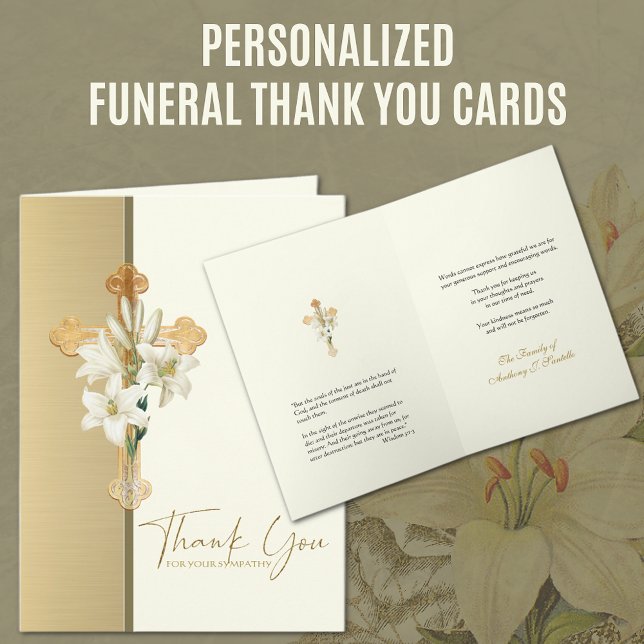 Christian Condolence Tack Kor Lilies (Personalized Funeral Thank You Cards with Gold Cross, Lily and Scripture Verse)