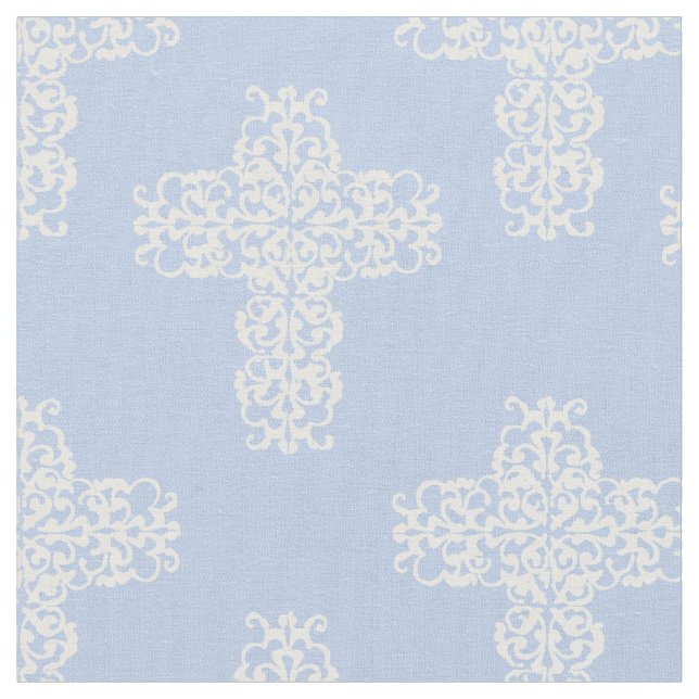 Christian Corss White på Blue Damask Pattern Tyg (Närbild)