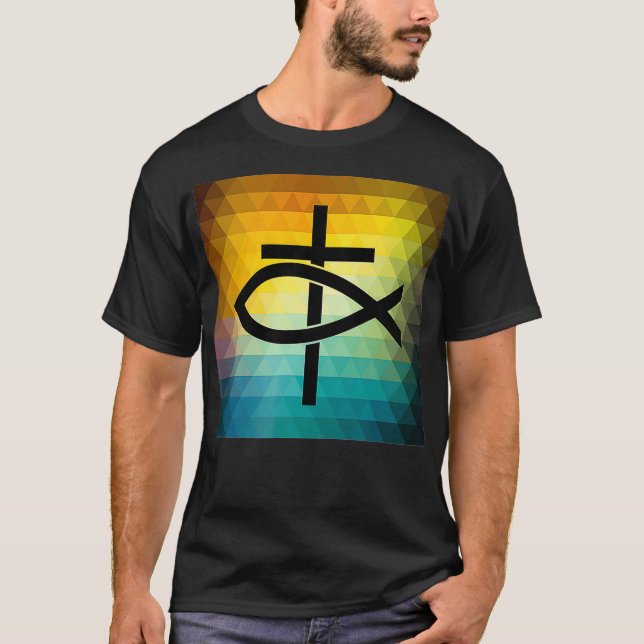 Christian Cross and Jesus Fish Symbol  T Shirt (Framsida)