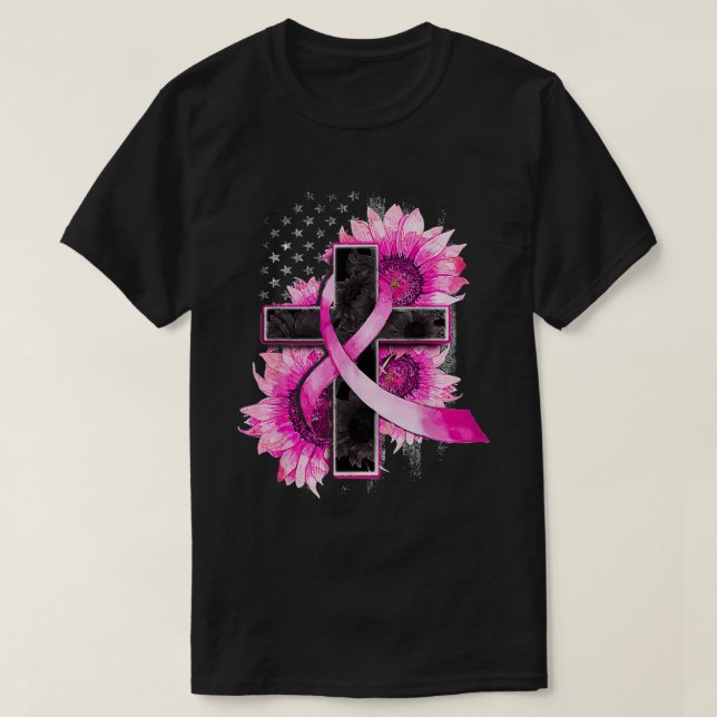 Christian Cross Pink Ribbon Sunflower Breast Cance T Shirt (Design framsida)