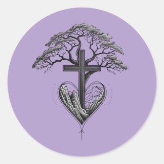 Christian Cross Tree Mountain Heart Sticker Runt Klistermärke