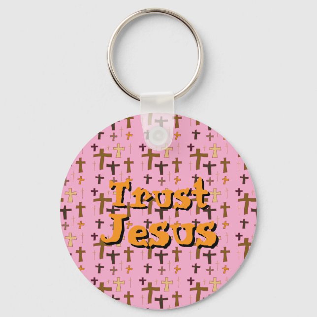 Christian Cross “Trust Jesus” Pink Gold Nyckelring (Framsida)