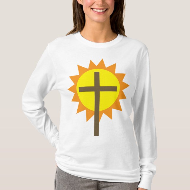 Christian Cross with Yellow Sun and Orange Rays T Shirt (Framsida)
