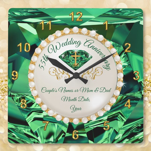 CHRISTIAN Emerald, 55-årsdag Gift Fyrkantig Klocka (55th wedding anniversary gift for couple. Emerald themed anniversary gifts. 20th wedding anniversary)