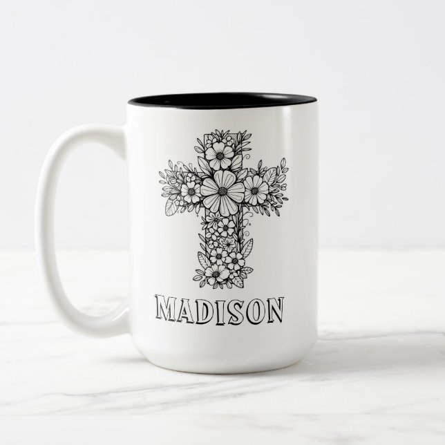 Christian Faith Blommigt Kor Anpassat namn färgnin Två-Tonad Mugg (Vänster)