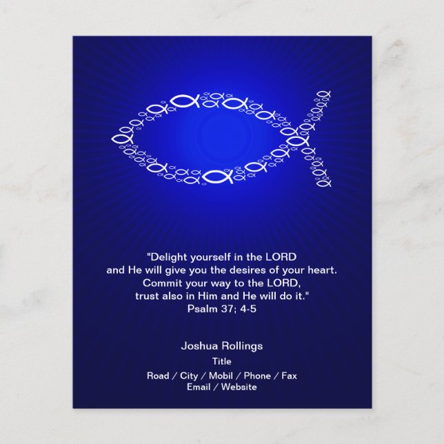 Christian Fish på marinblå bakgrund Flygblad (Framsidan)