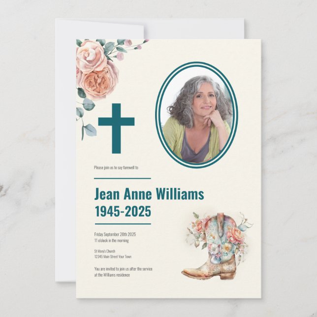 Christian Funeral Cowgirl Boot & Ro | 4 Foto Inbjudningar (Framsida)