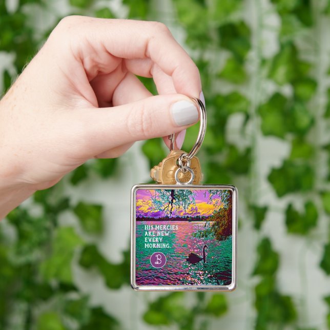 Christian Gift for Women Black Svan Photo Art Fyrkantig Silverfärgad Nyckelring (Hand)