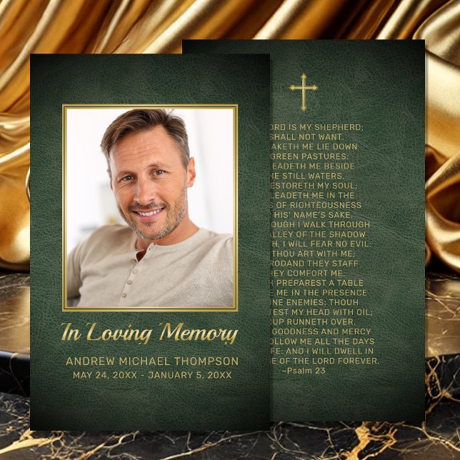 Christian Greeen Guld-fotoportet Visitkort (Christian In Loving Memory Green Faux Leather Photo Funeral Card with Gold Cross and Prayer)