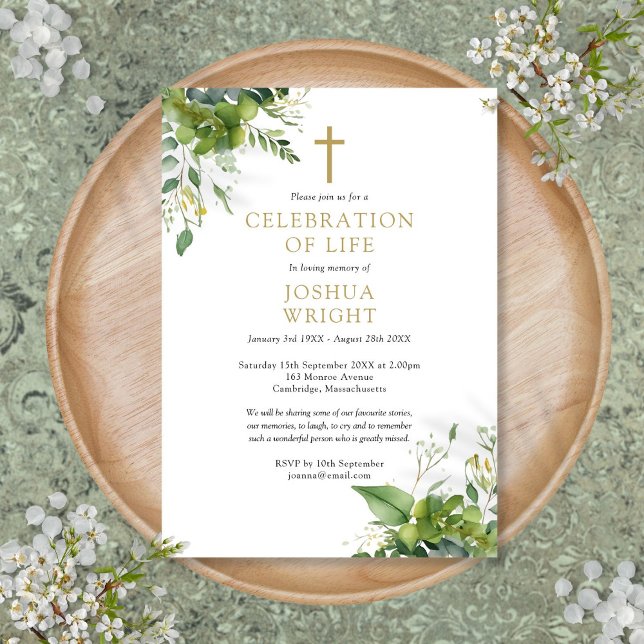 Christian Greenery Firande of Life Funeral Inbjudningar (Christian Greenery Celebration Of Life Funeral Invitation)