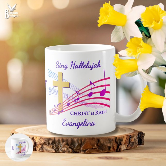 Christian HALLELUJAH CHRIST IS RISEN Easter Kaffemugg (SING HALLELUJAH monogram Christian Easter mug to celebrate Christ is risen. With cross and music)