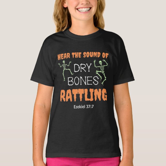 Christian Halloween DRY BONES RATTLING Kids T Shirt (Framsida)