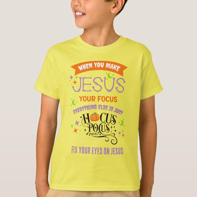 Christian Halloween FOCUS JESUS Hocus Pocus Kids T Shirt (Framsida)