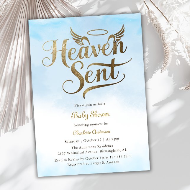 Christian Heaven Sent Blue Clouds Boy Shower Inbjudningar (This "Heaven Sent" Baby Shower Invitation captures the essence of an angel-themed celebration)